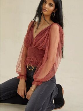 Anthropologie Puff-Sleeve V-Neck Blouse in Rose